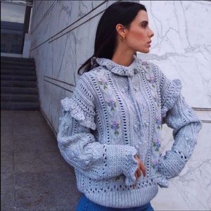Zara Gray Floral Embroidered Oversized Cable Open Knit Sweater Top Winter Fall